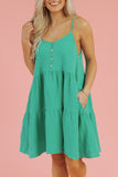 Sea Green Textured Buttoned Thin Strap Tiered Loose Fit Mini Dress