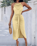 Halter Hollow out A Line Sleeveless Front Slit Ruched Maxi Dress Vacation Dress