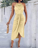 Halter Hollow out A Line Sleeveless Front Slit Ruched Maxi Dress Vacation Dress