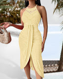 Halter Hollow out A Line Sleeveless Front Slit Ruched Maxi Dress Vacation Dress