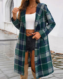 Plaid Pattern Button Down Pocket Design Longline Hooded Coat