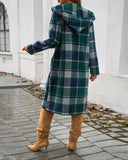 Plaid Pattern Button Down Pocket Design Longline Hooded Coat