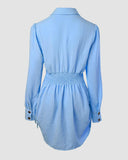 Button Down Shirt Dress Roll Tab Sleeve Side Drawstring Mini Dresses