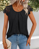 Contrast Lace Round Neck Short Sleeve Ruched Top Casual Slim Fit T Shirt