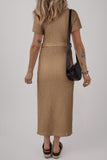 Buckskin Short Sleeve Textured Button Up Tie Waist Long Dress