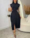 Floral Print Stand Collar Sleeveless Button Down Casual Dress Cutout Elastic Waist Back Maxi Dress