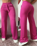 High Strechy Waist Drawstring Straight Leg Pants Casual Loose Fit Pants with Pockets