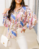 Baroque Pattern Turn down Collar Long Sleeve Front Button Blouse Elegant Top