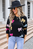 Black Valentine Bow Print Crew Neck Drop Shoulder Sweater