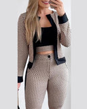 3PCS Plaid Print Contrast Paneled Crop Top & Pants Set With Coat