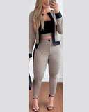 3PCS Plaid Print Contrast Paneled Crop Top & Pants Set With Coat