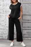 Black Cable Knit Contrast Trim Short Sleeve Top and Pants Set