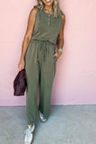 Vineyard Green Buttoned Drawstring Waist Sleeveless Wide Leg Jumpsuit