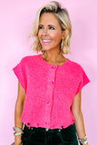 Bright Pink Distressed Hem Short Sleeve Knitted Button Front Sweater