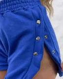 Side Metal Button Slit Active Shorts Casual Strechy Waist Sports Shorts