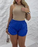 Side Metal Button Slit Active Shorts Casual Strechy Waist Sports Shorts