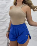 Side Metal Button Slit Active Shorts Casual Strechy Waist Sports Shorts