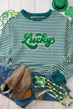 Green Stripe Chenille Lucky Letter Patched Drop Shoulder Long Sleeve Top