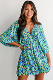 Green Abstract Print Puff Sleeve V Neck High Waist Romper