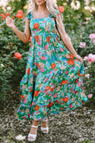 Green Floral Print Sleeveless Ruffle Tiered Maxi Dress