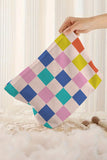 Pink Color Block Checkered Zipper Corduroy Cosmetic Bag
