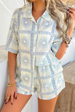 Sky Blue Vacation Printed Loose Shirt and Drawstring Shorts Set
