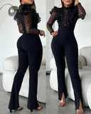 Elegant Mesh See Through Long Sleeve Jumpsuits Contrast Lace Sequin Patch Casual Overalls