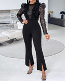 Elegant Mesh See Through Long Sleeve Jumpsuits Contrast Lace Sequin Patch Casual Overalls