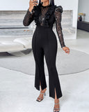 Elegant Mesh See Through Long Sleeve Jumpsuits Contrast Lace Sequin Patch Casual Overalls