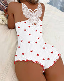 Butterfly Pattern Heart Print Contrast Lace Pajama Romper