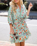 Floral Print Drawstring V Neck Dress