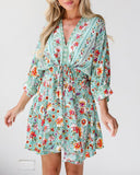 Floral Print Drawstring V Neck Dress