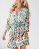 Floral Print Drawstring V Neck Dress