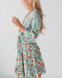 Floral Print Drawstring V Neck Dress