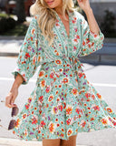 Floral Print Drawstring V Neck Dress