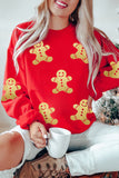 Red Cute Gingerbread Print Christmas Pullover Sweatshirt
