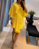 Plunge Bell Sleeve Asymmetrical Hem Casual Dress Draped Mini Dress