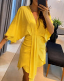 Plunge Bell Sleeve Asymmetrical Hem Casual Dress Draped Mini Dress