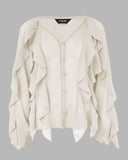 V Neck Shoulder Asymmetrical Ruffles Blouse Casual Button Front Long Sleeve Top