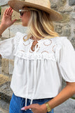 White Embroidered Lace Patchwork Tie Neck Puff Short Sleeve Blouse