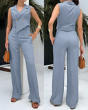 V Neck Sleeveless Button Vest and High Waist Wide Leg Pants Set