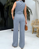 V Neck Sleeveless Button Vest and High Waist Wide Leg Pants Set