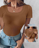 Built in Bra U neck Short Sleeve T shirt Rib knit Top