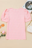 Pink Flower Geometric Textured Button Short Sleeve Top