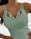 Contrast Lace V Neck Jacquard Knit Tank Casual Hollow Out Skinny Sleeveless Top
