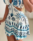 Floral Print Halter Sleeveless A Line Mini Dress Sexy Waist Hollow Out Vacation Dress