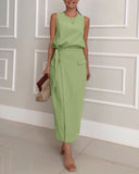 2 Pieces Outfit Round Neck Sleeveless Tank Casual Tied Detail Skirt Set