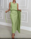 2 Pieces Outfit Round Neck Sleeveless Tank Casual Tied Detail Skirt Set