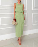 2 Pieces Outfit Round Neck Sleeveless Tank Casual Tied Detail Skirt Set