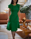 Butterfly Sleeve Hollow out Back Shirred Work Dress Casual Cinched Waist Lace Trim Ruffle Hem Dress
